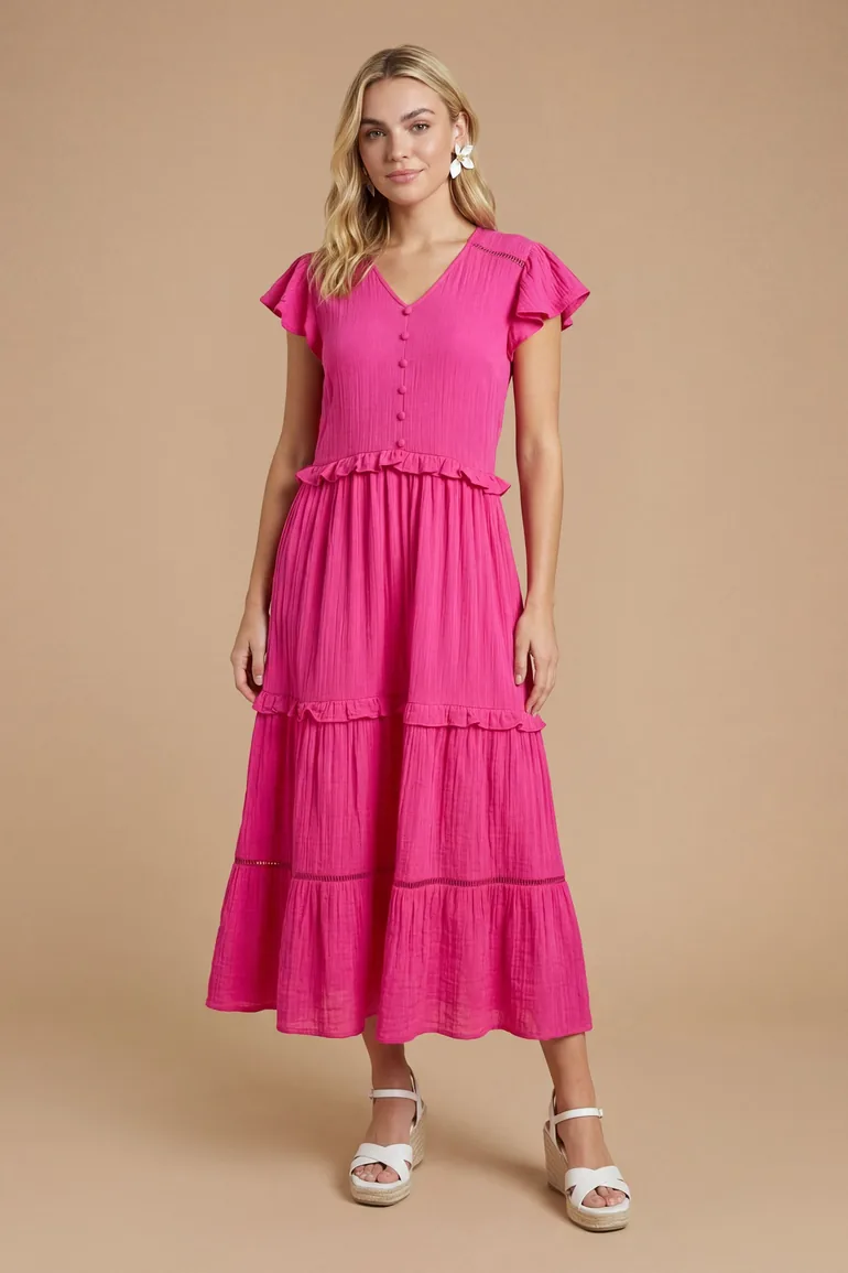 Button Front Frill Sleeve Midaxi Dress