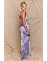 Blue Printed Floral Mesh Cowl Neck Maxi Dress - 2