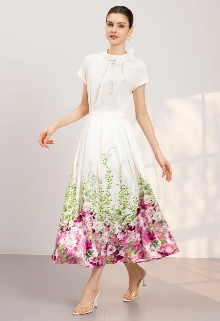 Enchanted Bloom Pleated Satin Maxi Skirt for Cocktail Parties & Dressy Brunches - 10