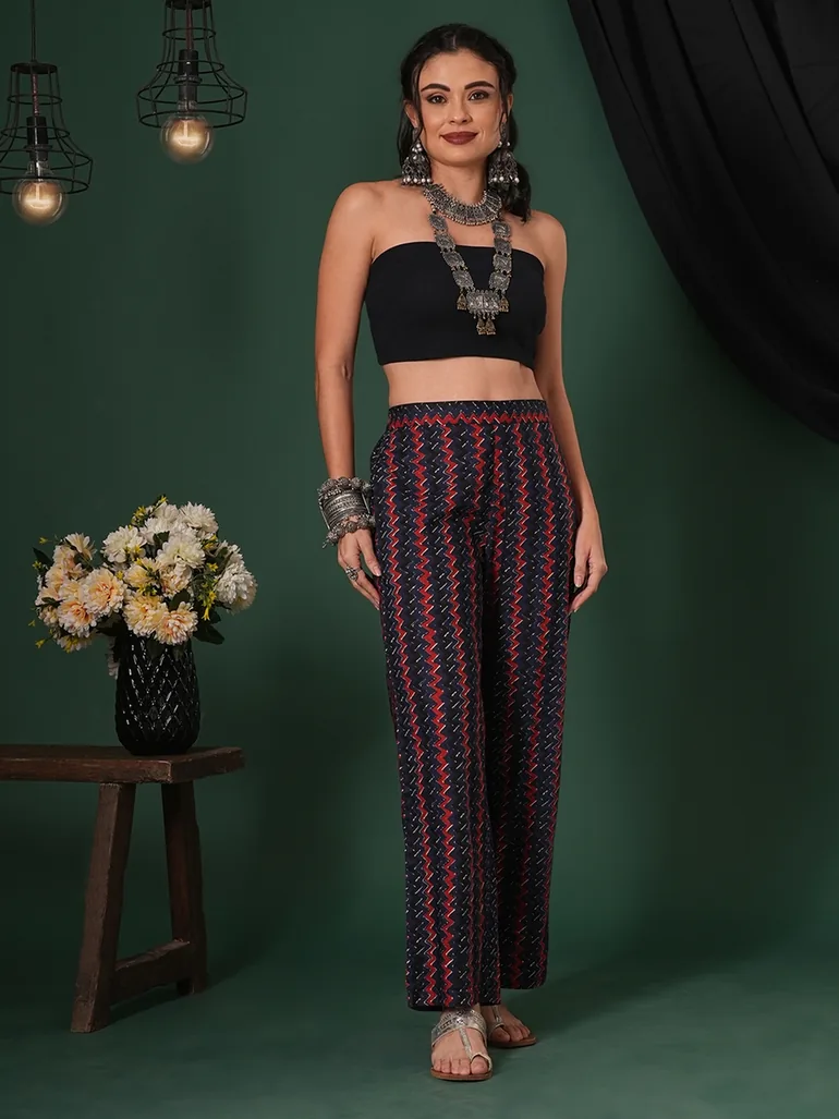 Blue Cotton Striped Ethnic Parallel Trousers