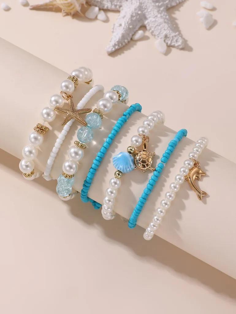 Pack of 7 - Girls Multi-Color Ocean Charms Beaded Bracelets