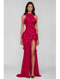 Kira Flower High Split Mesh Maxi Dress In Red