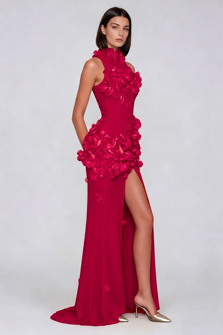 Kira Flower High Split Mesh Maxi Dress In Red - 2