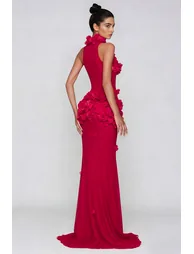 Kira Flower High Split Mesh Maxi Dress In Red - 1