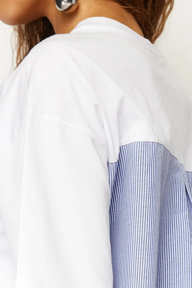 White Poplin Detail Oversize Knitted T-Shirt - 3