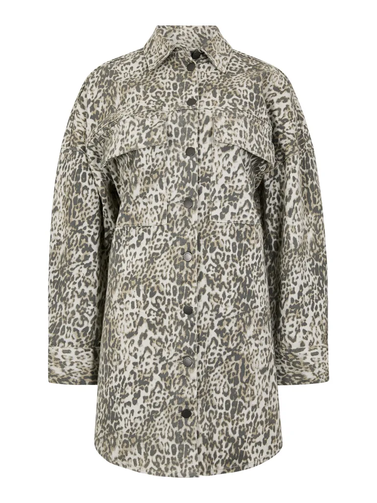 Leopard Print Cotton Blend Denim Shacket Mini Dress - 4