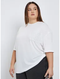 Plus Size White Studded Pocket Detail T-Shirt - 1