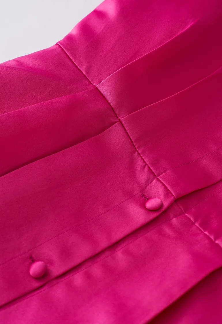 Glossy Satin Button Down Midi Dress in Hot Pink - 6
