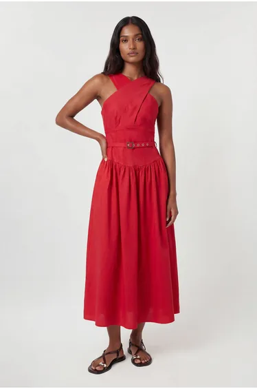 Premium Tailored Linen Halter Neck Belted Full Midi Dress