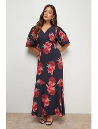 Petite Printed Chiffon Puff Sleeve Fishtail Midaxi Dress - 1