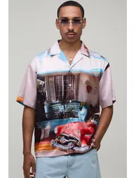 Oversized Half Sleeve Hotel Print Shirt - teal