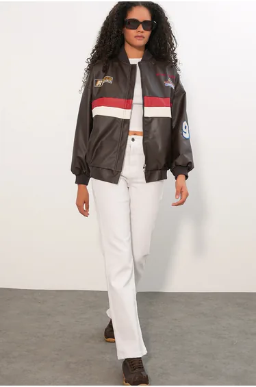 BDART Fitted Crop Faux Leather Bomber Jacket with Bow
