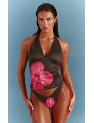 Black Contrast Hibiscus Print Tankini Top