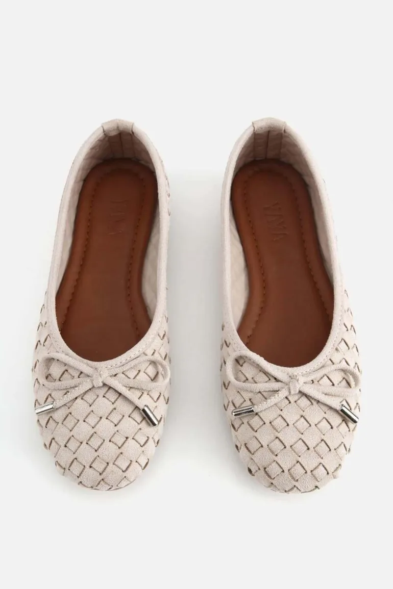 Women's Beige Suede Knitted Bow Ballet Flats - 5