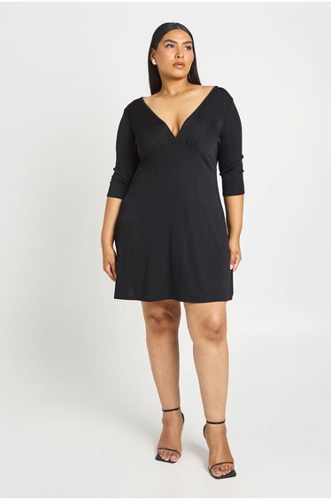 Plus 3/4 V Neck Shift Dress - black product thumbnail 3