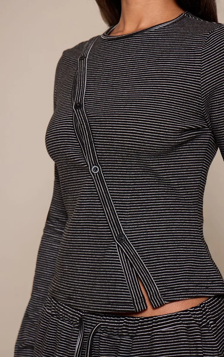 Petite Black Stripe Ribbed Asymmetric Button Long Sleeve Top - 3