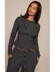 Petite Black Stripe Ribbed Asymmetric Button Long Sleeve Top