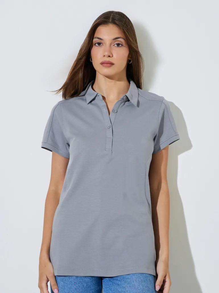 Grey Solid Longline Polo T-Shirt - 2