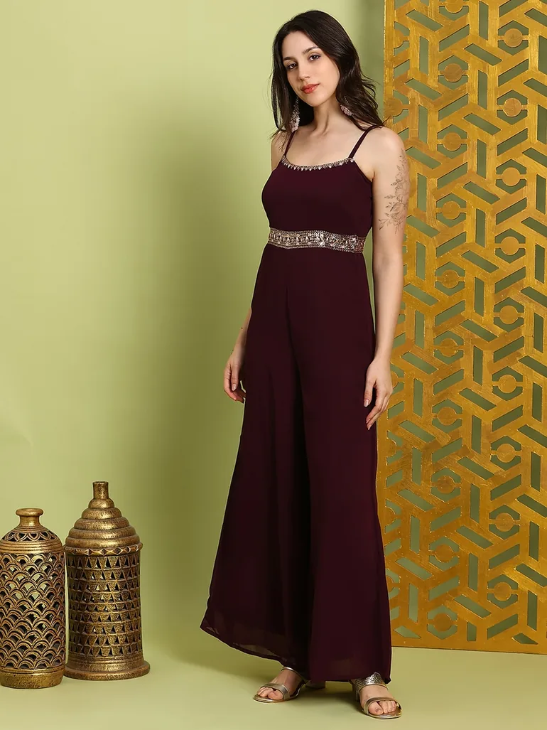 Women Brown Strappy Embroidered Flared Jumpsuit - 1