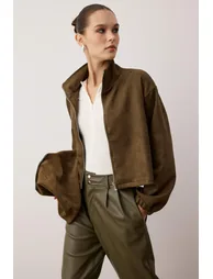 Khaki Straight Zipper Unlined Regular/Normal Fit Knitted Suede Jacket - 1