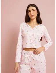 Pink Floral Ribbed Crop Top and Straight Pyjama Set - 1