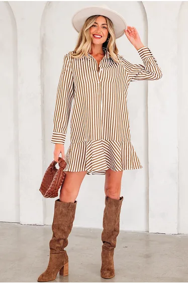 Lvness Brown Stripe Ruffled Hem Collared Long Sleeve Shirt Mini Dress