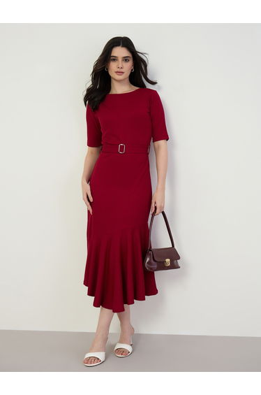 Women Burgundy Mermaid Hem Midi Dress