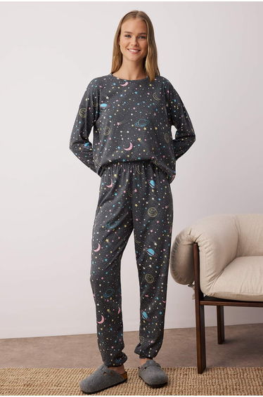 Black 100% Cotton Galaxy Patterned Knitted Pajama Set