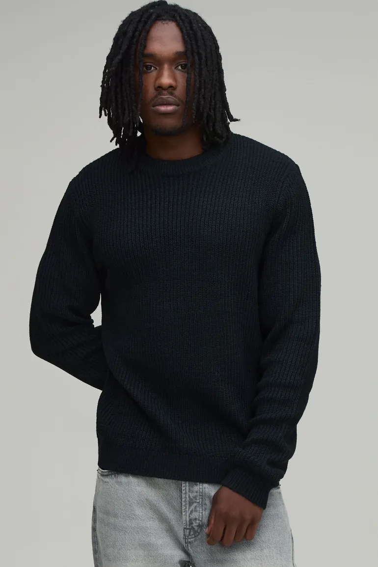 Tall Regular Fit Ribbed Knitted Jumper - black