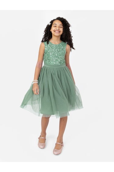 Mini Maya Dark Green Delicate Sequin Midi Dress With Bow