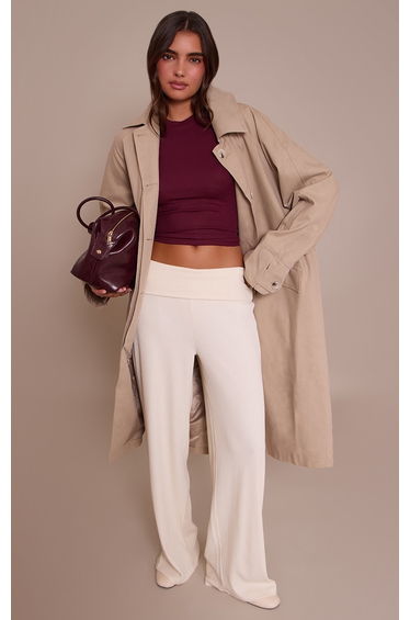 Cream Thick Rib Fold Over Pocket Detail Wide Leg Trouser