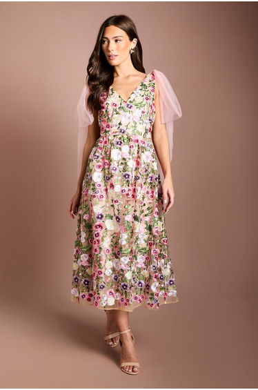 Coast Muse Tie Shoulder Embroidered Mesh Midi Dress