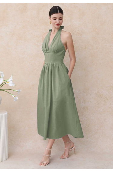 Vintage-Inspired Self-Tie Halter Neck Cotton Dress in Pistachio