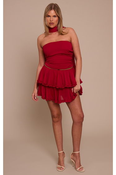 Shape Burgundy Chiffon Tiered Frill Mini Skirt