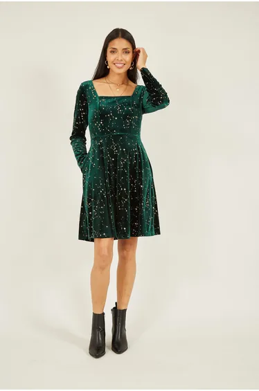 Yumi Green Star Foil Print Long Sleeve Skater Dress