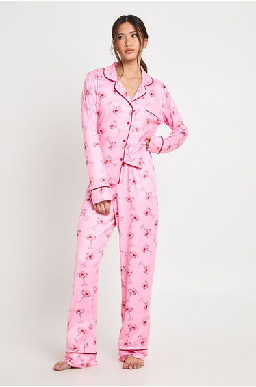 Cocktail Print Long Sleeve Shirt & Trouser 3 Piece Pyjama Set - pink