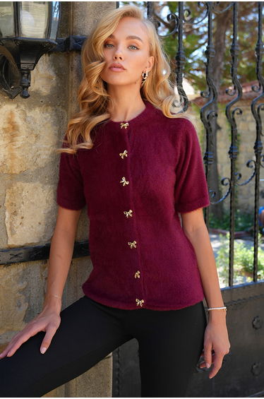 Women's Burgundy Crew Neck Button-Front Crew Neck Knitwear Cardigan
