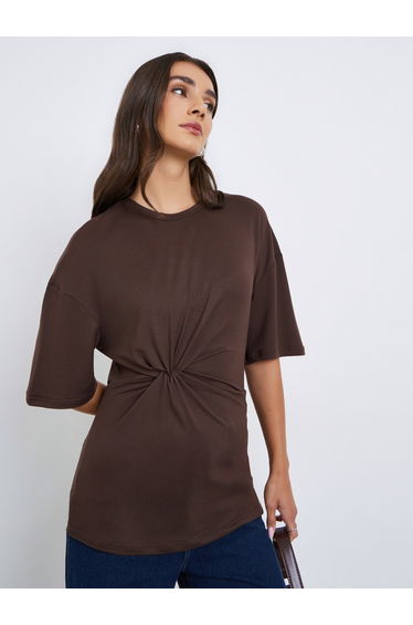 Women Brown Twist Front Oversized T-Shirt