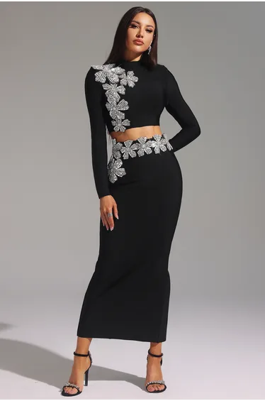 Ulama Choker Long Sleeve Diamond Flrs Bandage Maxi Two-Piece Set