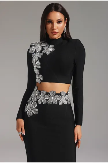 Ulama Choker Long Sleeve Diamond Flrs Bandage Maxi Two-Piece Set