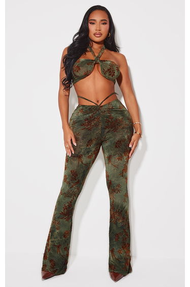 Shape Green Devore Dipped Waist Rushed Trousers