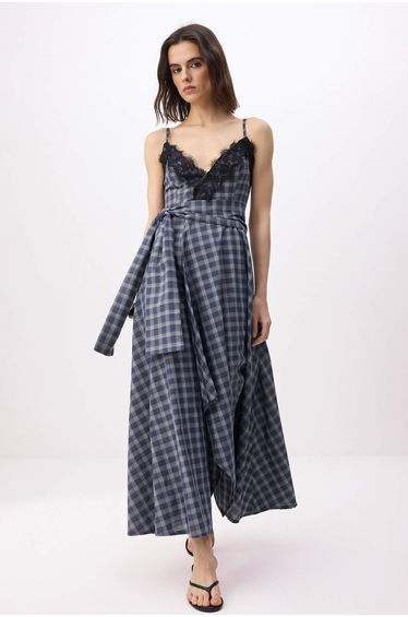 Navy Blue-Multicolor Plaid / Checkered Midi Woven Dress