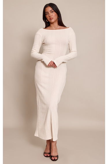 Cream Ribbed Low Back Detail Long Sleeve Maxi Dress