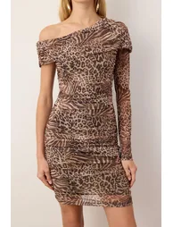 Dark Brown Boat Neck Tulle Lined Knitted Dress - 2