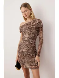 Dark Brown Boat Neck Tulle Lined Knitted Dress - 1