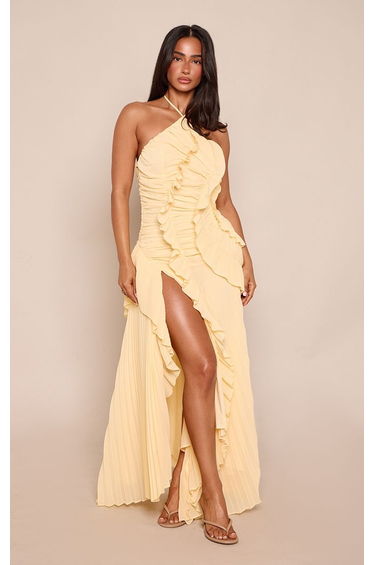 Petite Lemon Halterneck Plisse Ruffle Detail Maxi Dress