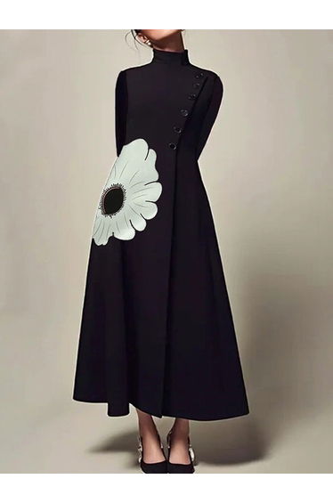 A-Line Long Sleeves Flower Print High Neck Dresses