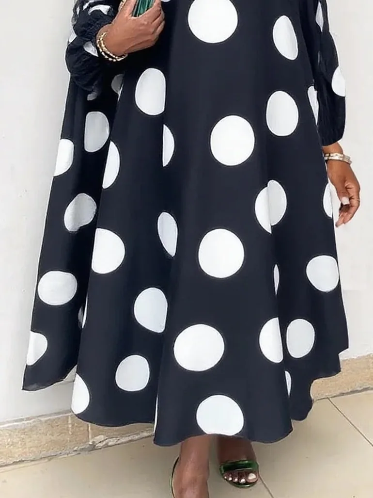 Long Sleeves Loose Contrast Color Polka-Dot Round-Neck Maxi Dresses - 3