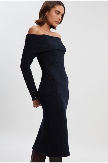 Wool Blend Cosy Bardot Knit Midi Dress