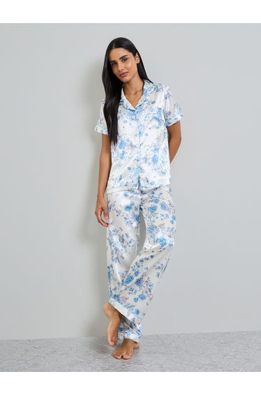 White Butterfly Print Satin Shirt and Pyjama Set